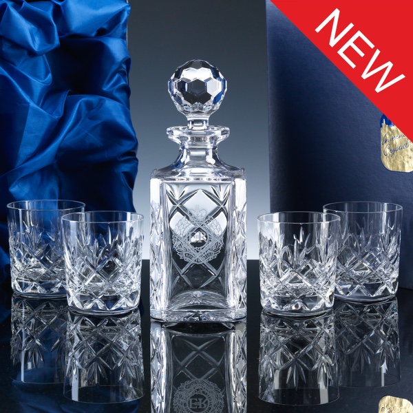 Inverness Crystal Traditional Whisky Set, Panelled Decanter and 4 Fully Cut Tumblers, Satin Boxed
