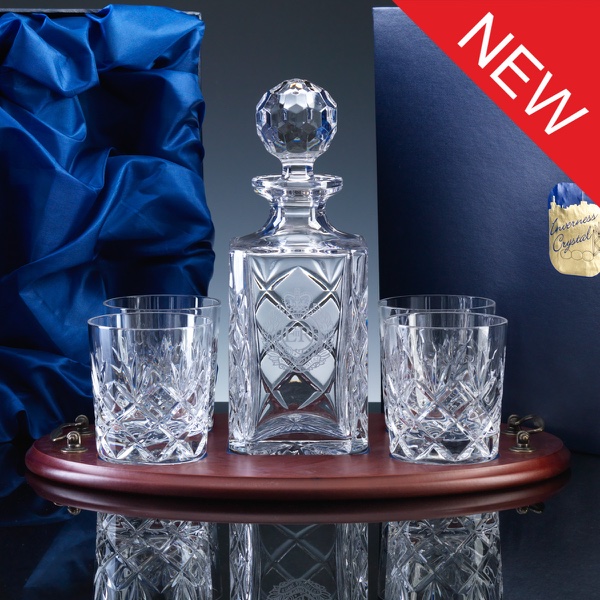 Inverness Crystal Traditional Whisky Set, Panelled Decanter and 4 Fully Cut Tumblers, Wood Tray, Satin Boxed
