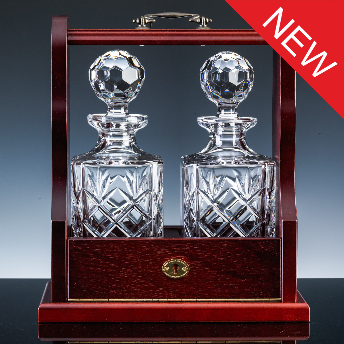Inverness Crystal Traditional Pair Fully Cut Decanters and Wood Tantalus