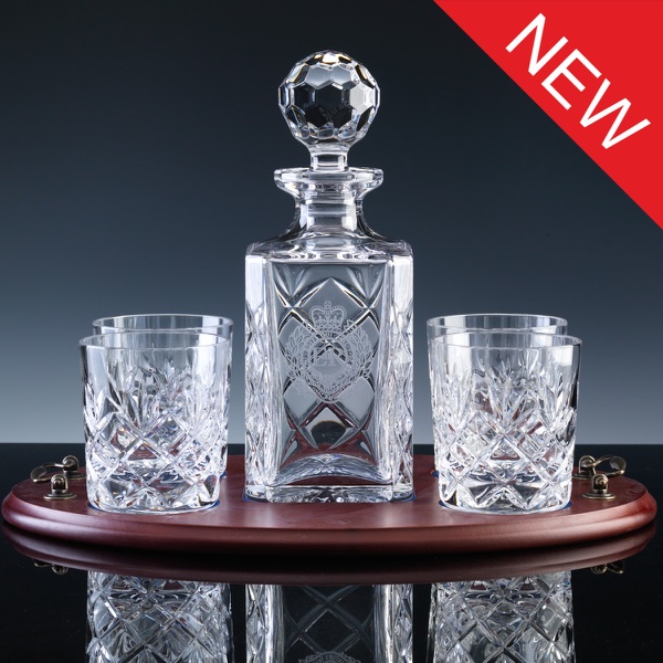 Inverness Crystal Traditional Whisky Set, Panelled Decanter and  Four Fully Cut Tumblers, Wood Tray
