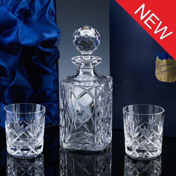 Inverness Crystal Traditional Whisky Set, Panelled Decanter and Pair Fully Cut Tumblers, Satin Boxed