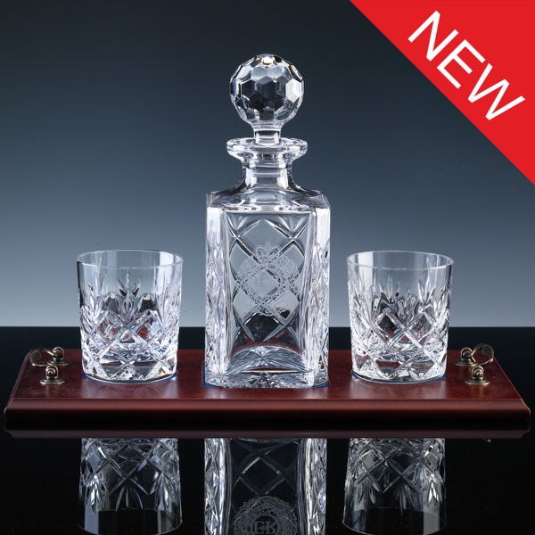 Inverness Crystal Traditional Whisky Set, Panelled Decanter and Pair Fully Cut Tumblers, Wood Tray