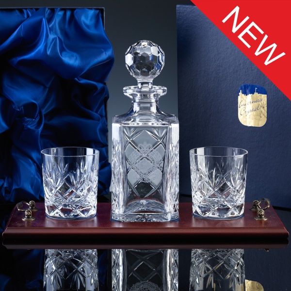 Inverness Crystal Traditional Whisky Set, Panelled Decanter and Pair Fully Cut Tumblers, Wood Tray, Satin Boxed