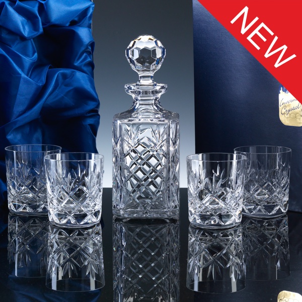 Inverness Crystal Traditional Whisky Set, Fully Cut Decanter and 4 Tumblers, Satin Boxed