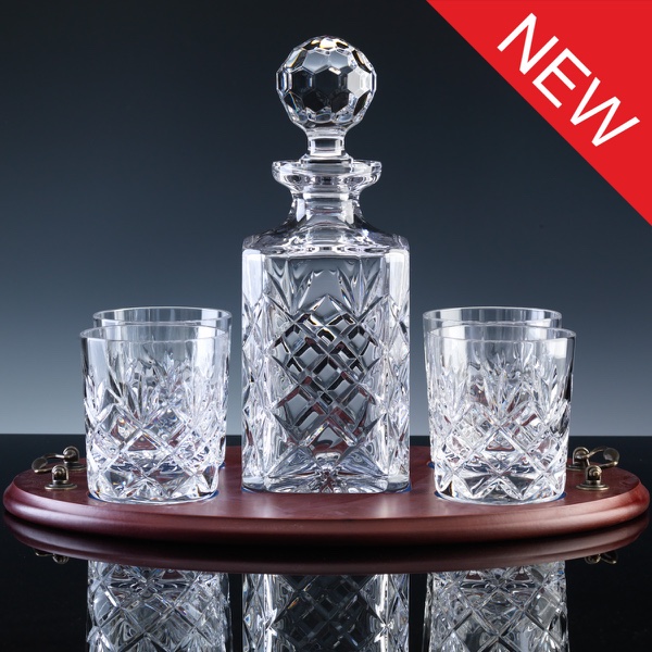 Inverness Crystal Traditional Whisky Set, Fully Cut Decanter and Four Tumblers, Wood Tray
