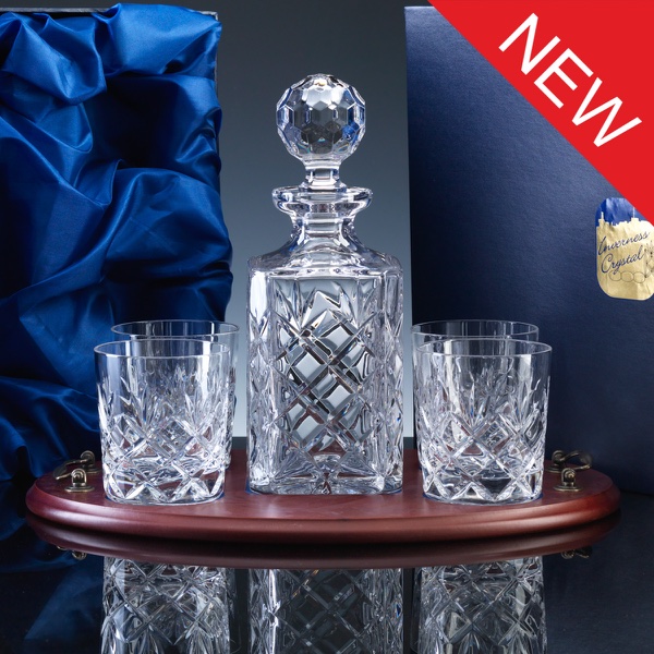 Inverness Crystal Traditional Whisky Set, Fully Cut Decanter and 4 Tumblers, Wood Tray, Satin Boxed
