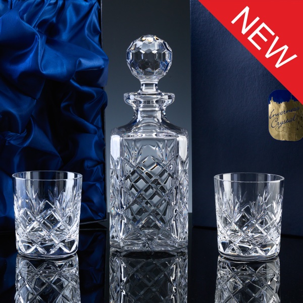 Inverness Crystal Traditional Whisky Set, Fully Cut Decanter and Pair Tumblers, Satin Boxed