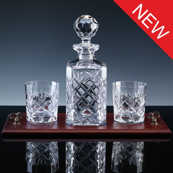Inverness Crystal Traditional Whisky Set, Fully Cut Decanter and Pair Tumblers, Wood Tray