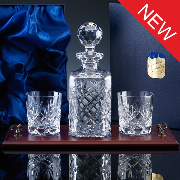 Inverness Crystal Traditional Whisky Set, Fully Cut Decanter and Pair Tumblers, Wood Tray, Satin Boxed