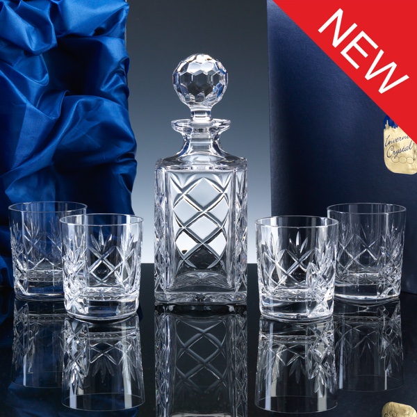 Inverness Crystal Traditional Whisky Set, Panelled Decanter and 4 Tumblers, Satin Boxed