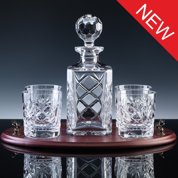 Inverness Crystal Traditional Whisky Set, Panelled Decanter and Four Tumblers, Wood Tray