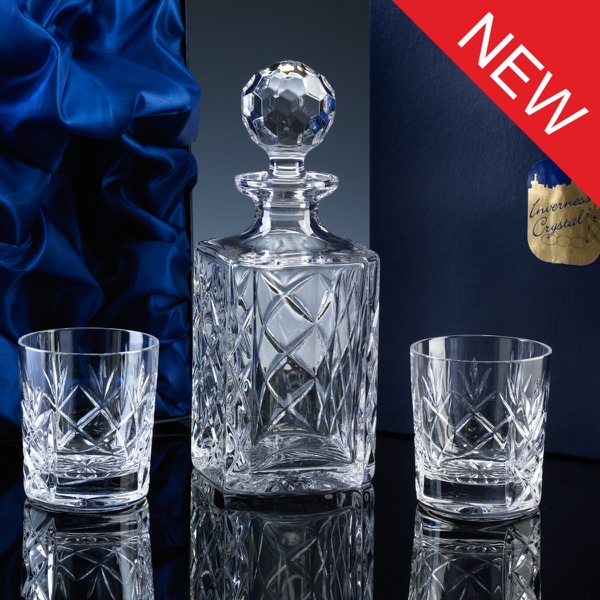 Inverness Crystal Traditional Whisky Set, Panelled Decanter and Pair Tumblers, Satin Boxed