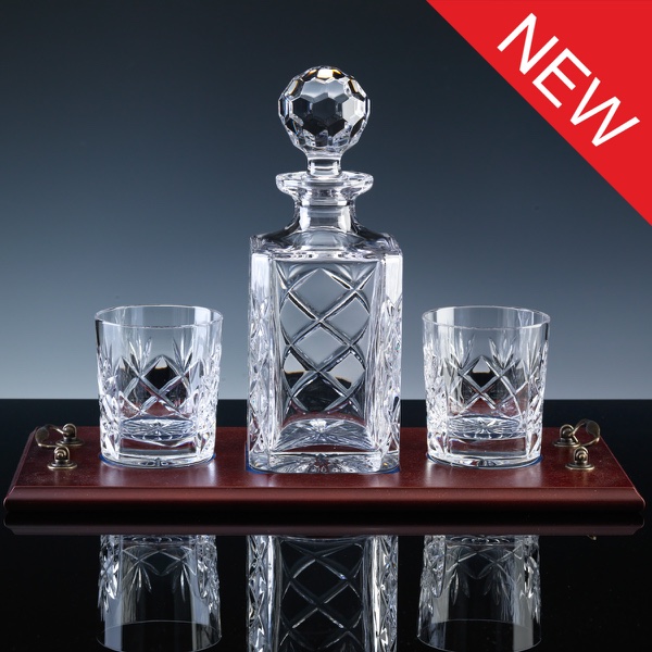 Inverness Crystal Traditional Whisky Set, Panelled Decanter and Pair Tumblers, Wood Tray