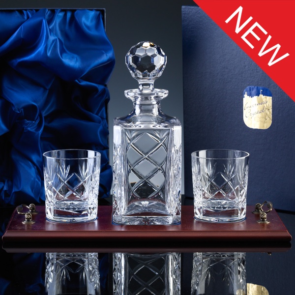 Inverness Crystal Traditional Whisky Set, Panelled Decanter and Pair Tumblers, Wood Tray, Satin Boxed